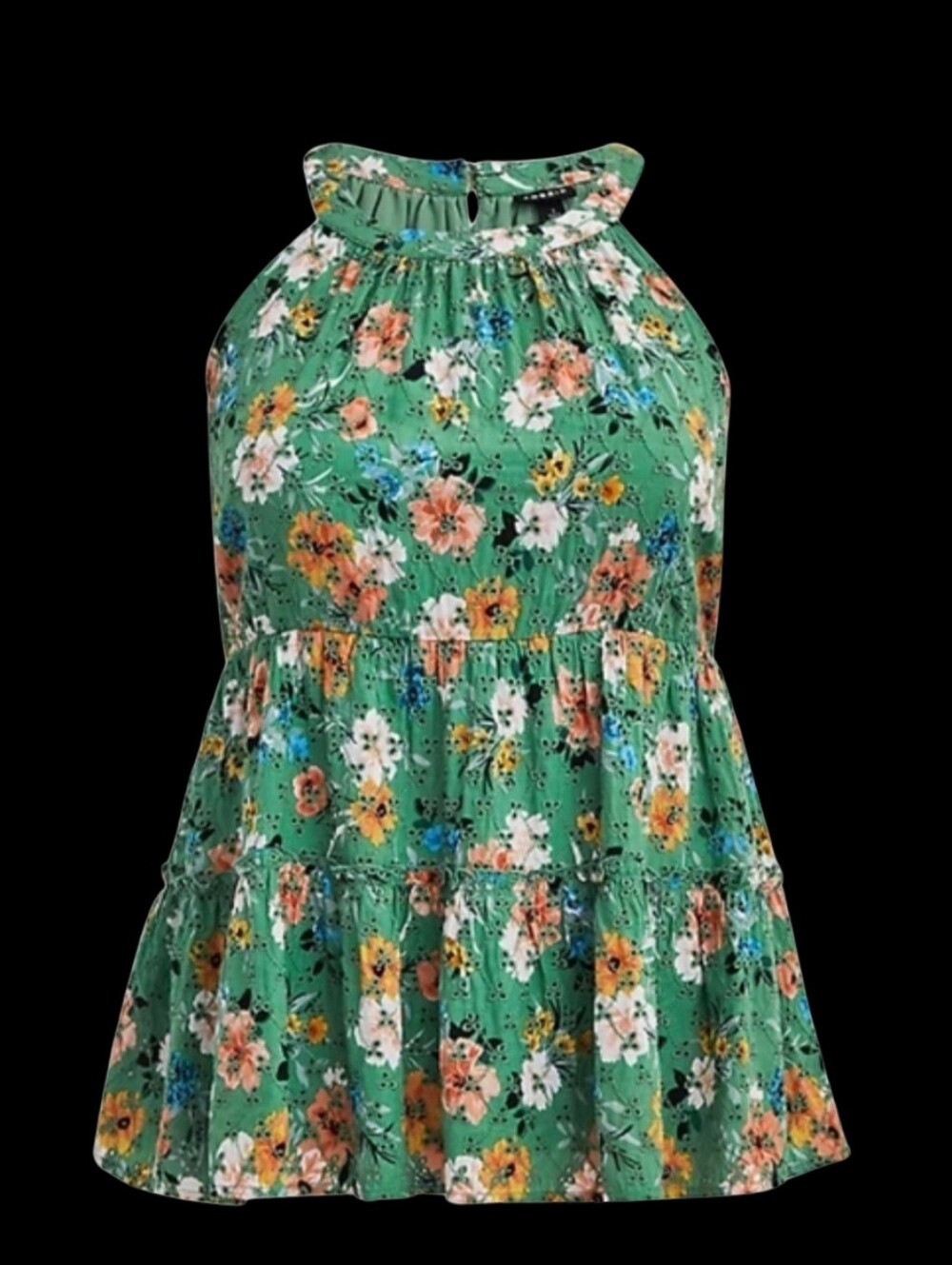 Torrid Green Floral Eyelet Tiered Halter Babydoll Top Size 1 1X 14-16 NWT